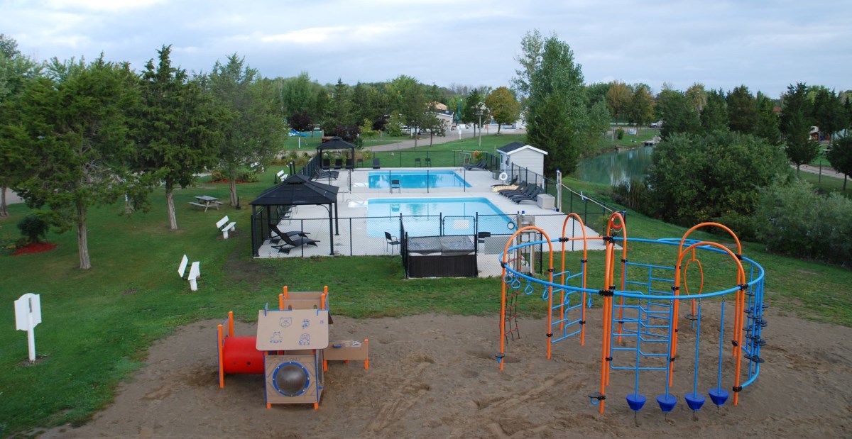 birds eye view on a clear day of the campground, pool and park